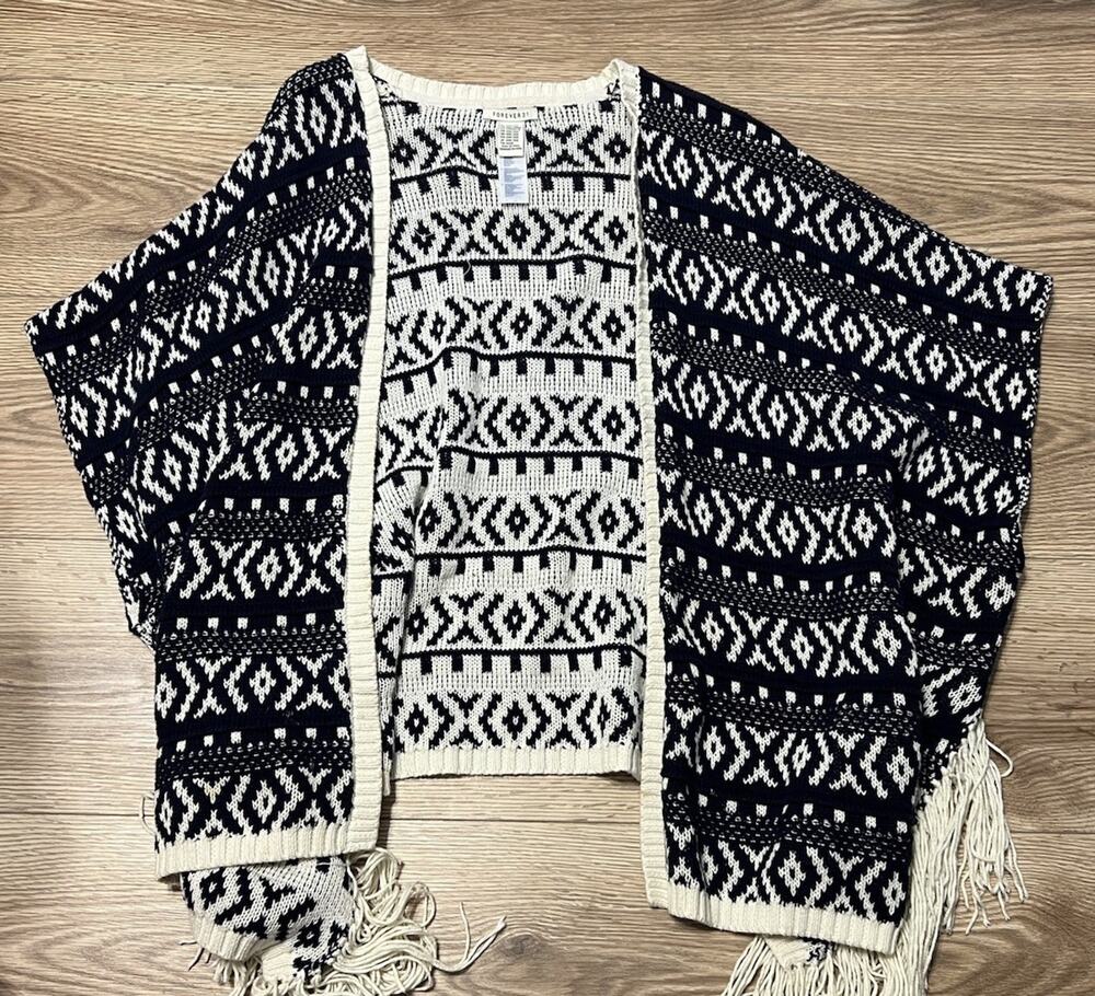 Forever 21 Women’s Blue Knit Sleeveless Fringe Cardigan Poncho One Size (A51)